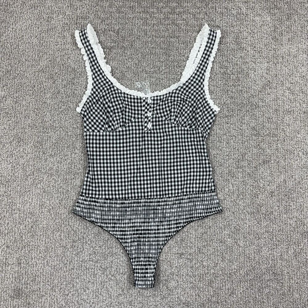 Intimately Free People Bodysuit Women Medium Black Gingham Lace Cottage Coquette